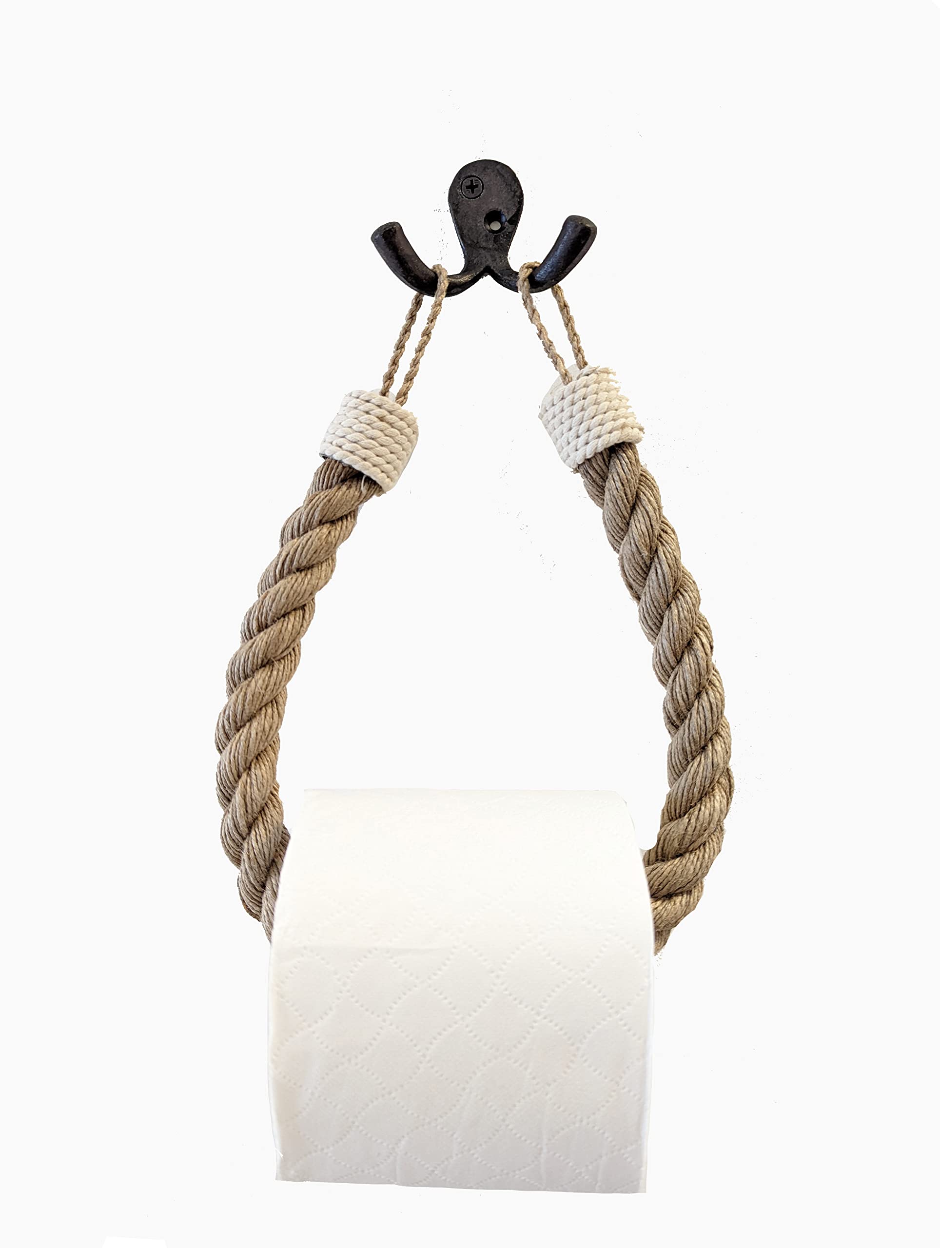 Assorted Collections Rope Toilet Roll Holder | Wall Mounted Jute Towel Holder with White Knots | Rustic Bohemian Nautical Bathroom Accessory | Easy to Install (White Knot)