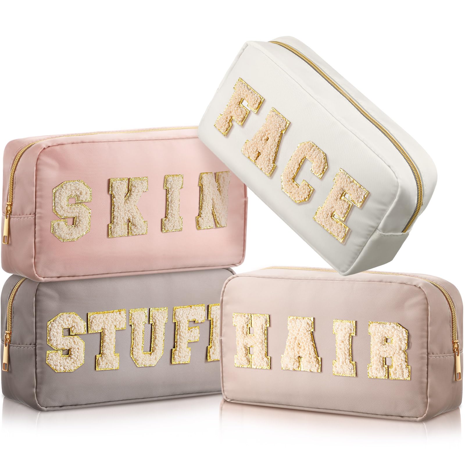 Photo 1 of ***ONLY 3***Cunno 4 Pcs Preppy Makeup Bags Chenille Letter Stuff Bag Nylon Cosmetic Pouch Cases with Zipper for Women Travel Toiletry (Light Apricot,Soft)