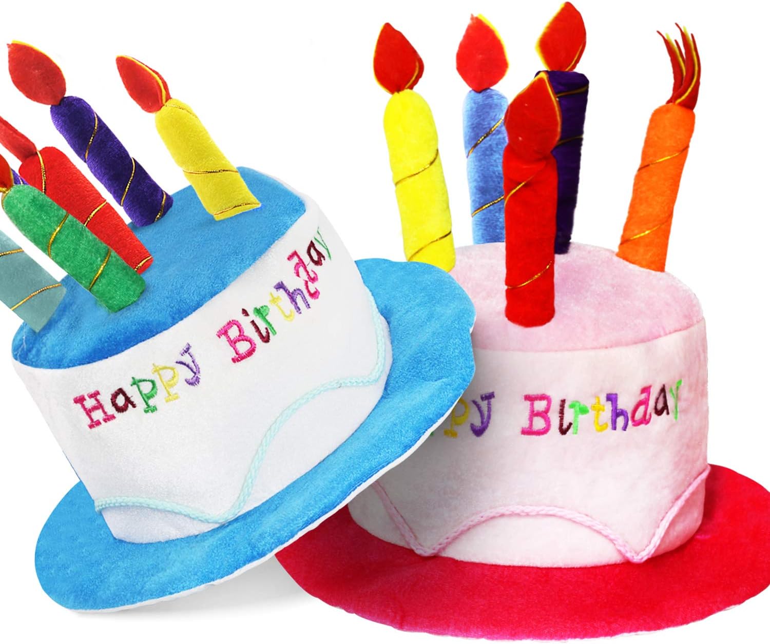 Novelty Place Plush Happy Birthday Cake Hat (2Pcs, Blue & Pink) - Unisex Adult Size Fancy Dress Party Hats - Perfect as Party Favors, Costume Accessories - Cake & 5 Multicolor Candles: Toys & Games