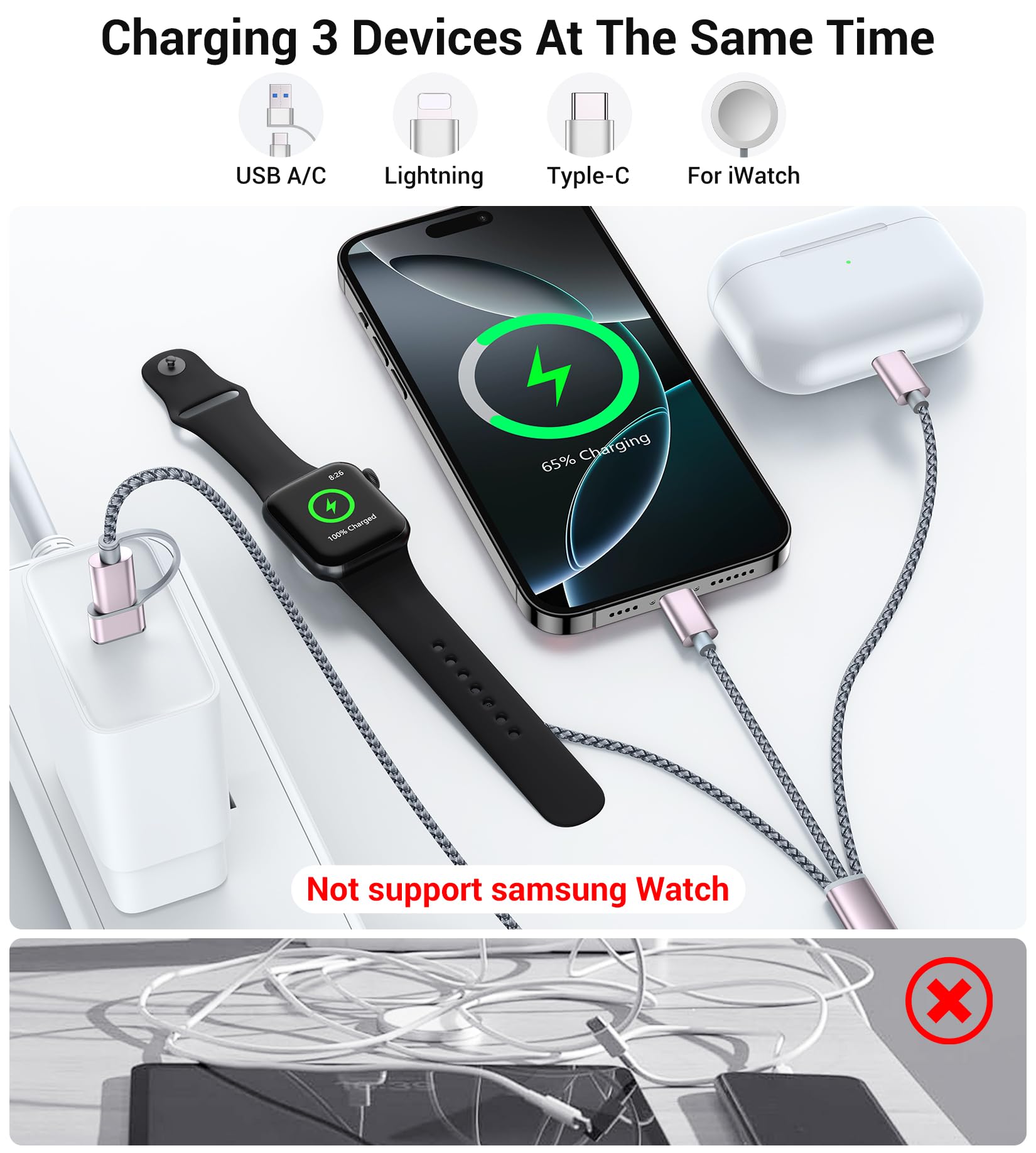 Temdan for Travel Vacation Essentials,3 in 2 USB C Cable for Apple Watch Charger/iPhone 17 Charger/Lightning,Multi Charging Cable Cord,Camping Essentials,Portable Designed for iWatch &iPhone 16-12-5FT