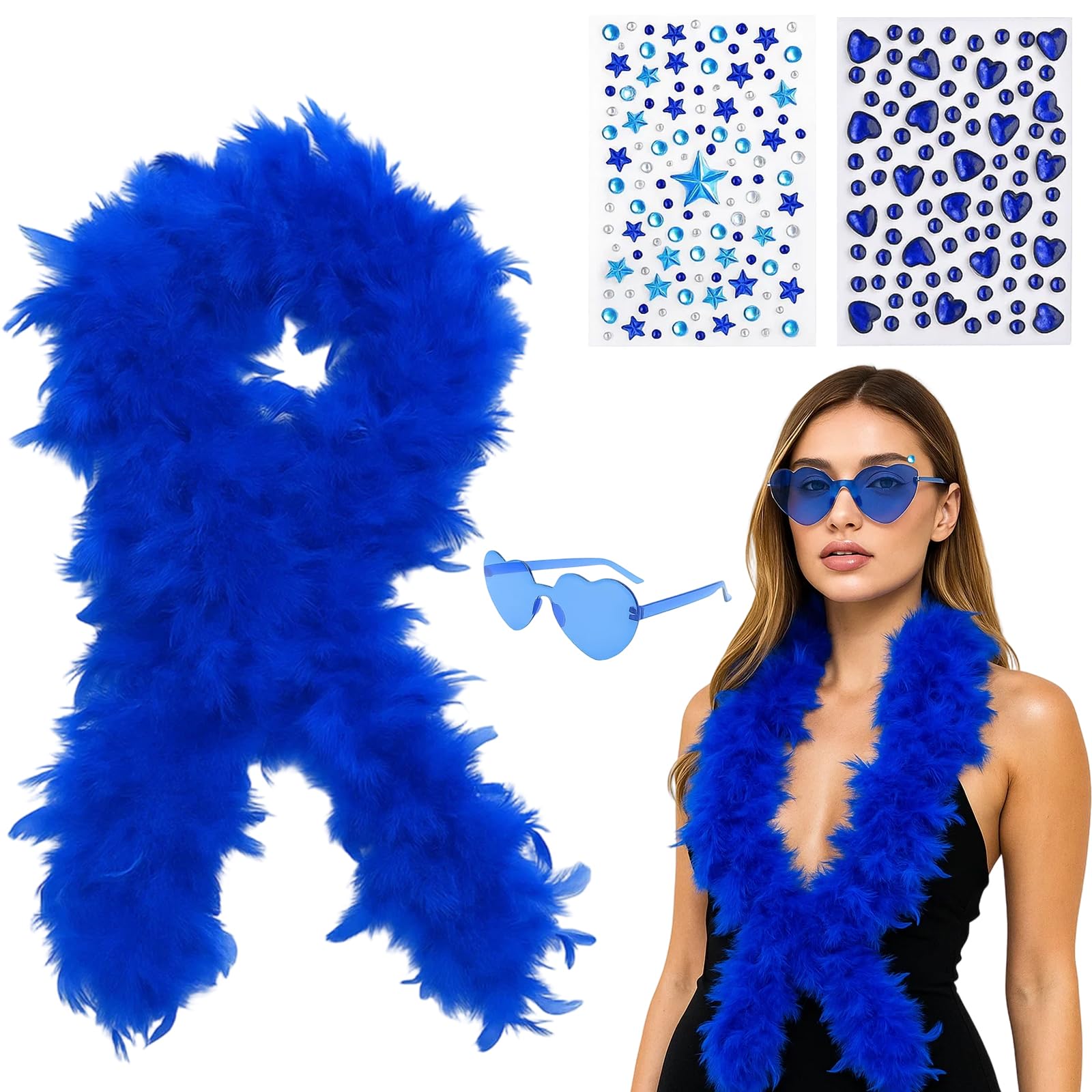 ZcrPrn 4PCS Feather Boas, Blue Feather Boa with Heart Sunglasses and Face Stickers, Retro Party Accessories, Feather Boas Multipack for Halloween Dance Parties Photo Shoots