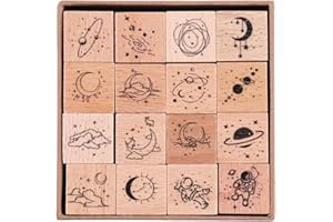 RisyPisy 16 Pieces Vintage Wooden Rubber Stamps, Universe & Galaxy Scrapbooking Decorative Rubber Stamp Set, Wood Mounted Rubber Stamps for Crafting Arts and Crafts, Journals, Card Making