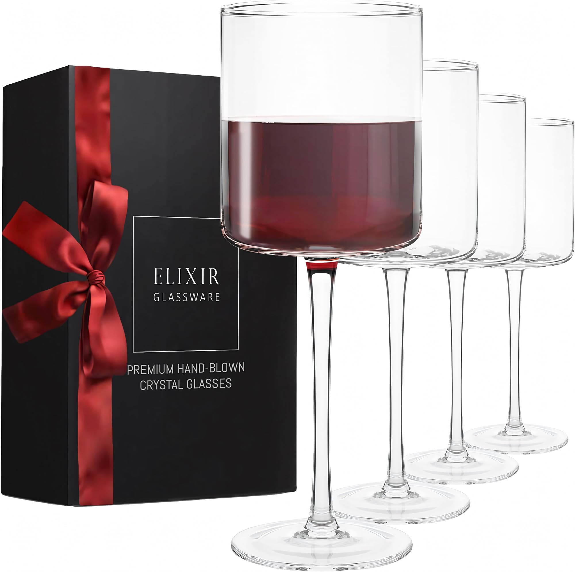 ELIXIR GLASSWARE Wine Glasses Set of 4 - 17oz - Square Wine Glasses, Large Red Wine or White Wine Glasses - Hand Blown Long Stem Wine Glass Set, Premium Crystal Wine Glasses - Housewarming Gifts Image