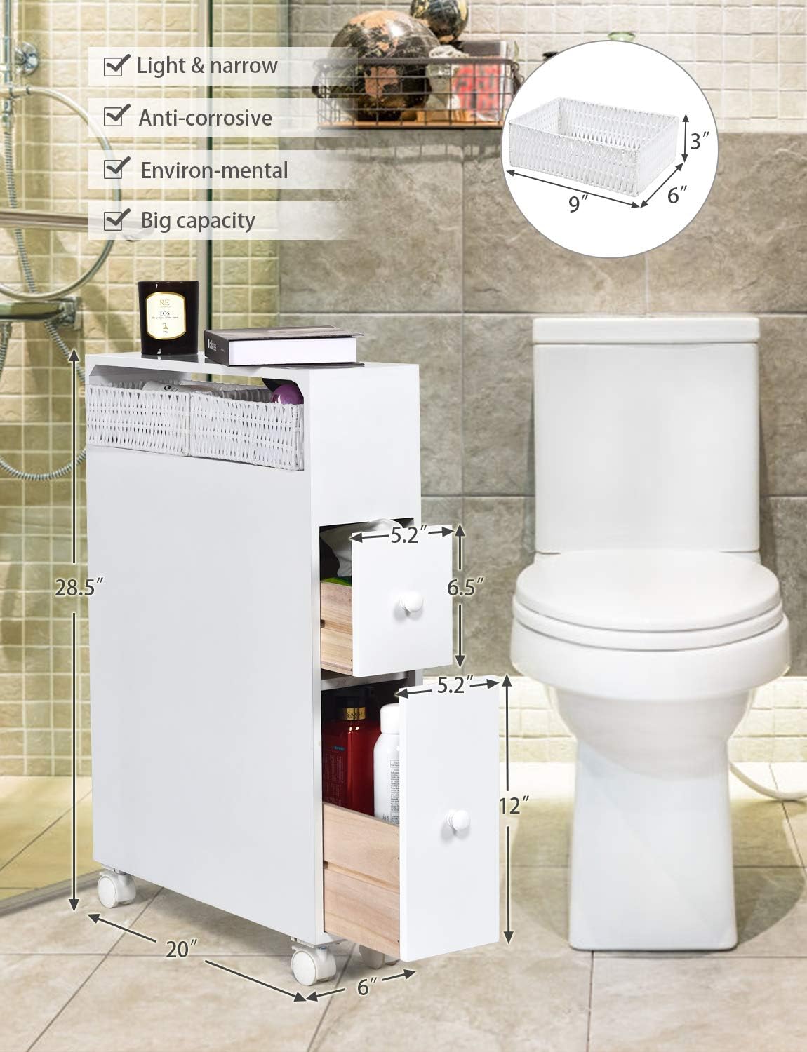 bathroom storage cabinets slim spaces on Slim Bathroom Storage Cabinet With Wheels Space Saving Narrow Toilet Floor Organizer With 2 Drawers And Baskets 20l X 6 3w X 28 5h Wooden Rolling Bathroom Floor Cabinet Home Kitchen Bath