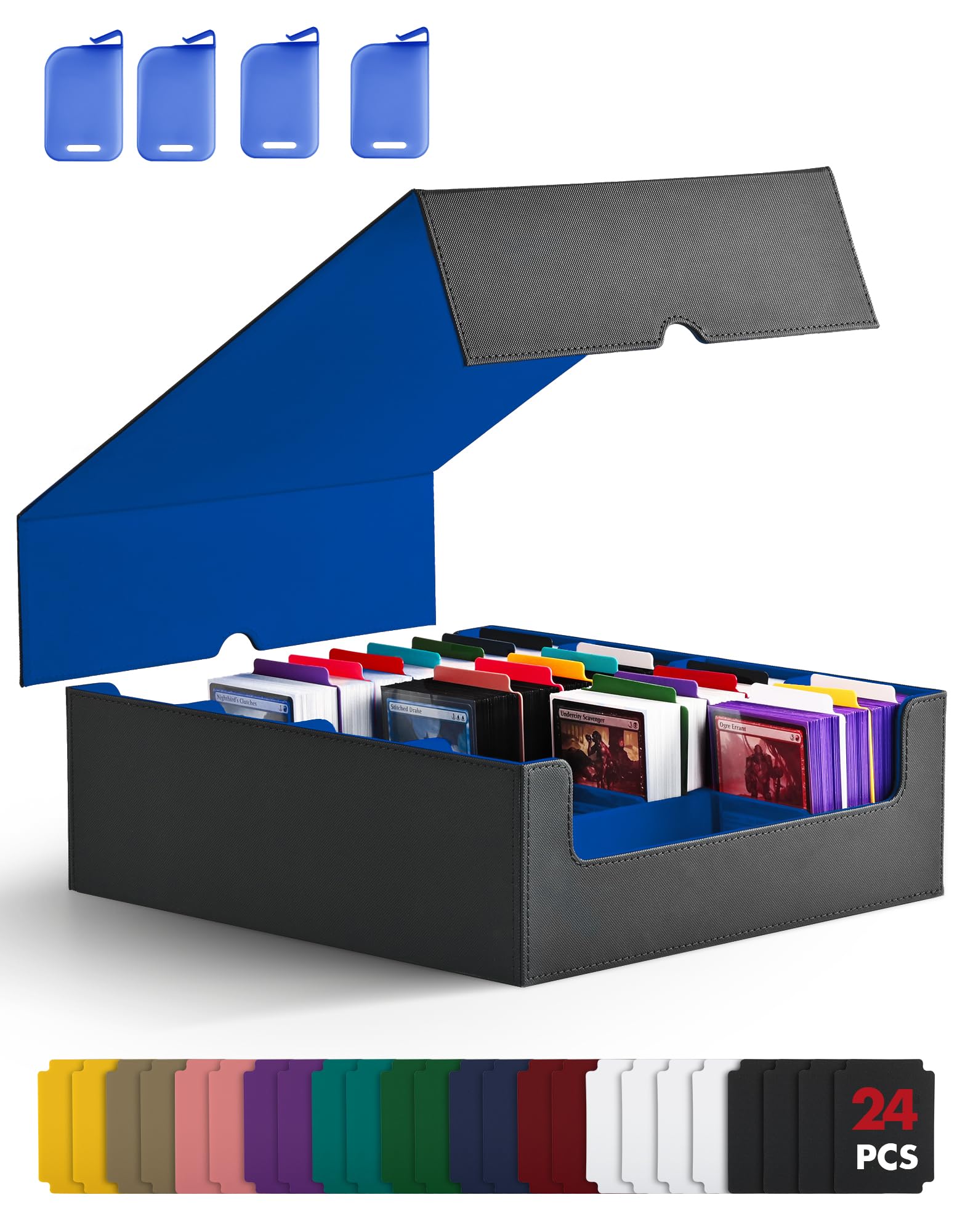 ZLCA Trading Card Storage Box, Commander Card Deck Case Holds 2400+ Cards, MTG Deck Box with 4 Stoppers, Magic Card Organizer for TCG PTCG Cards(Black& Blue)