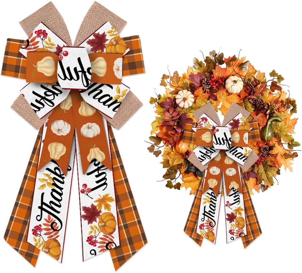 Bows & Ribbons - ALIBBON Large Fall Bows for Wreaths, Thanksgiving Wreath Bows, Leaves Pumpkin Bows, Orange Buffalo Plaid Bows for Front Door, Fall Thanksgiving Decor, Burlap Bows for Wreath Indoor Outdoor Decorations