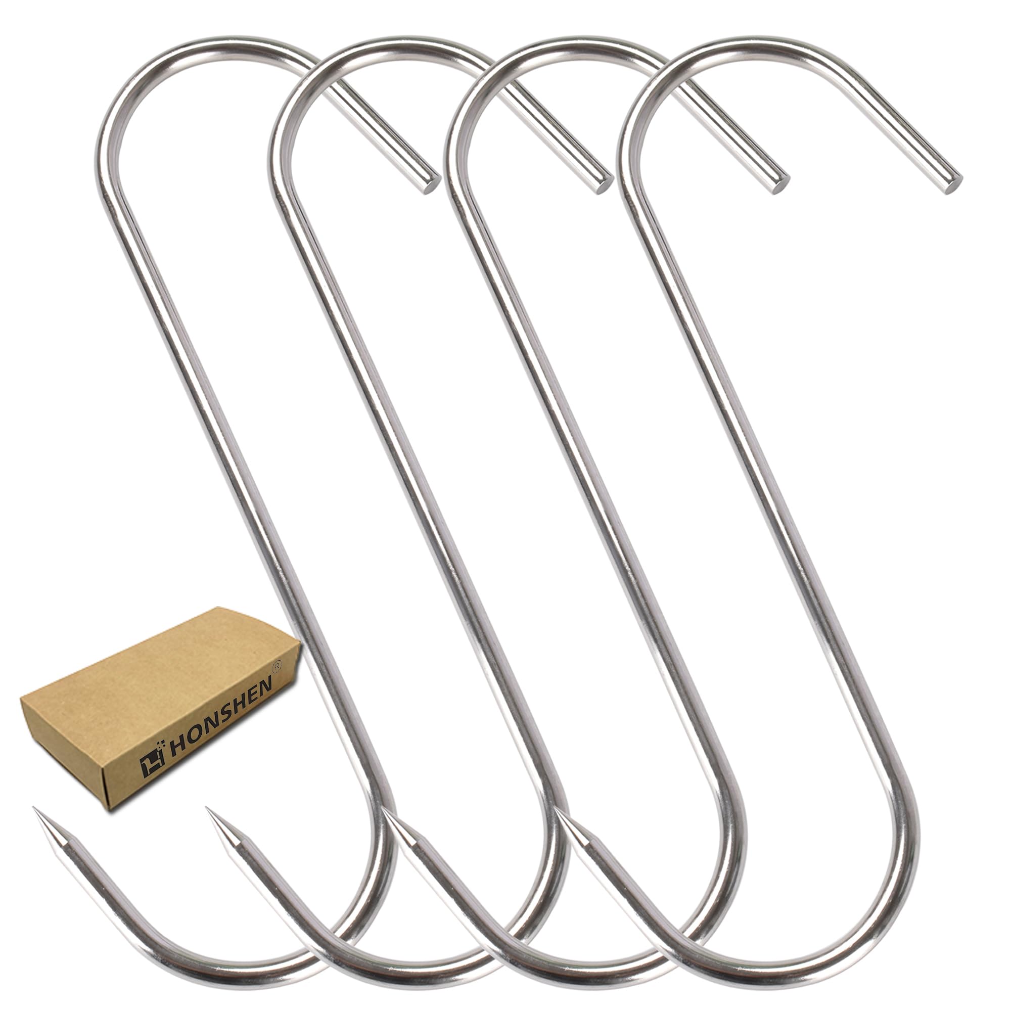 HONSHEN 8 Inch 6mm Meat Hook S-Hooks Stainless Steel Meat Hooks for Hanging Processing Butcher Hook 4Pack (Meat Hooks 6mm 8inch)