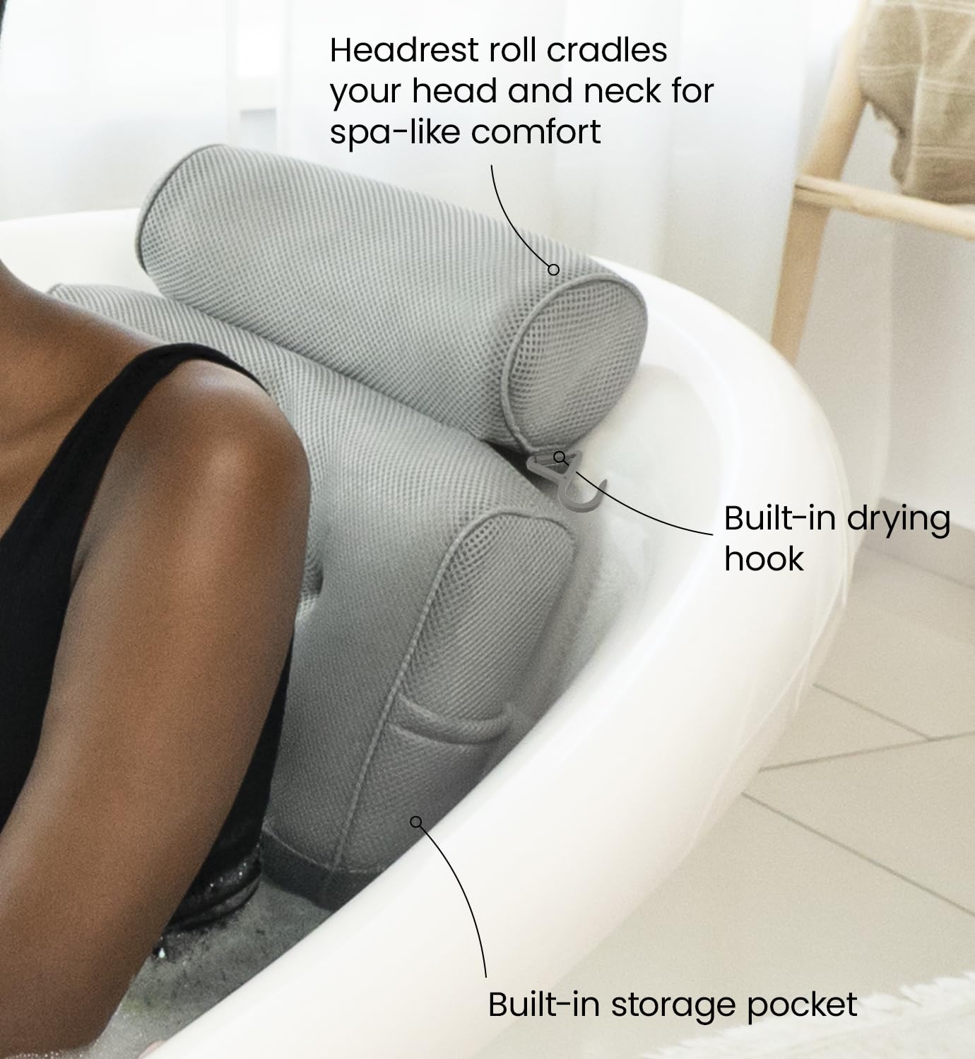 Everlasting Comfort Luxury Bath Pillows for Tub with Head and Neck Support - Non-Slip Bathtub Pillow with Suction Cups, Quick-Drying Mesh & Drying Hook - Jacuzzi & Spa Accessories for Women - Gray