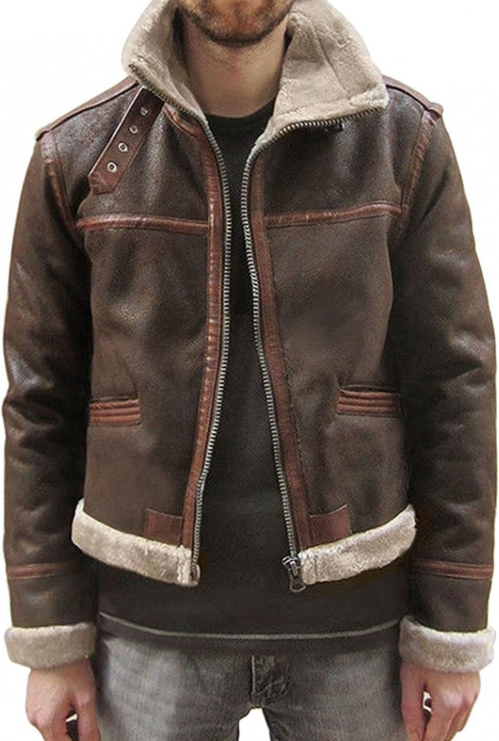 ZARAR Mens Brown Shearling Collar Leather Coat Jacket