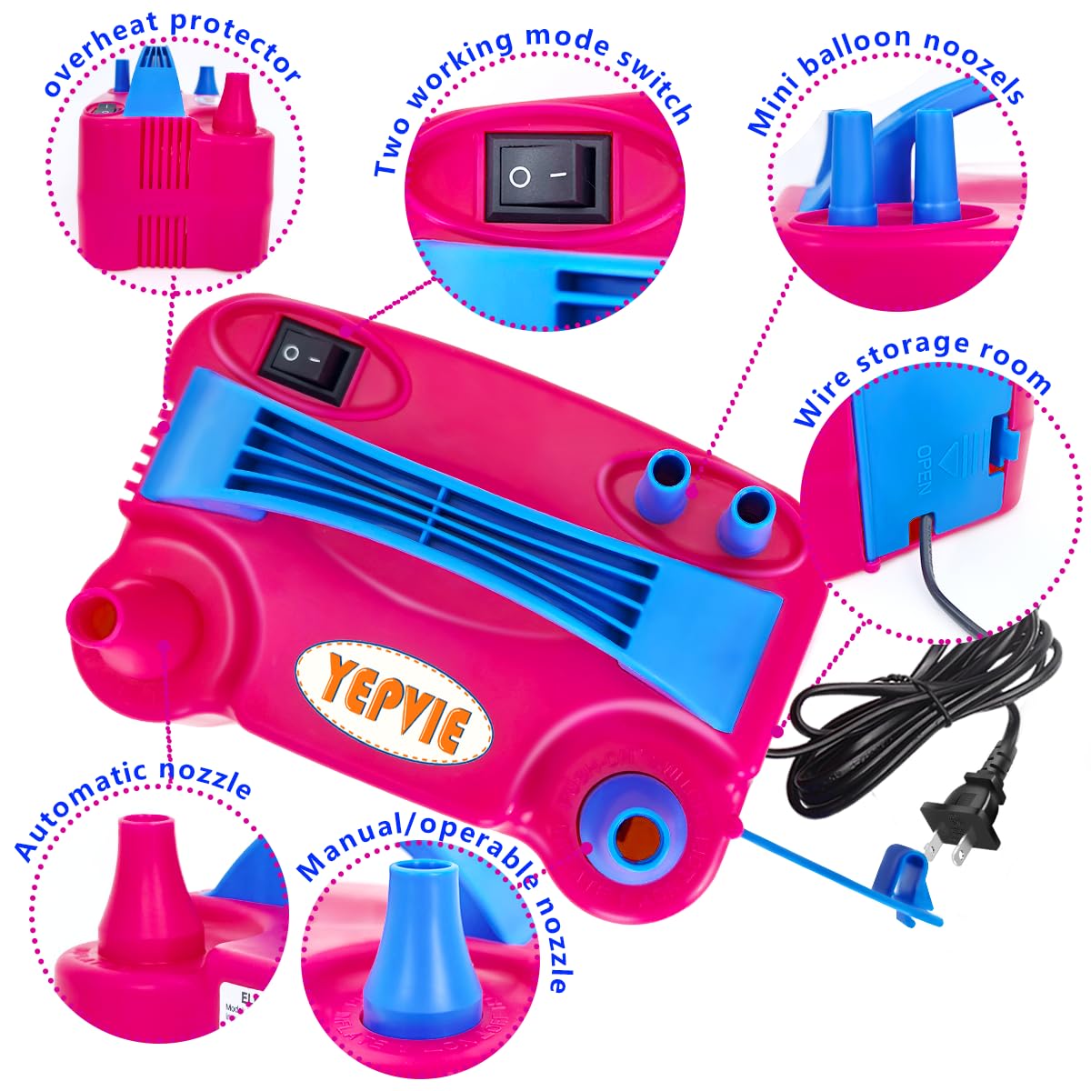 YEPVIE Electric Balloon Pump, Portable 2 Modes Balloon Blower Machine with 14 Balloon Arch Kits, Air Pump for Balloon, Balloon Inflator for Party Decoration