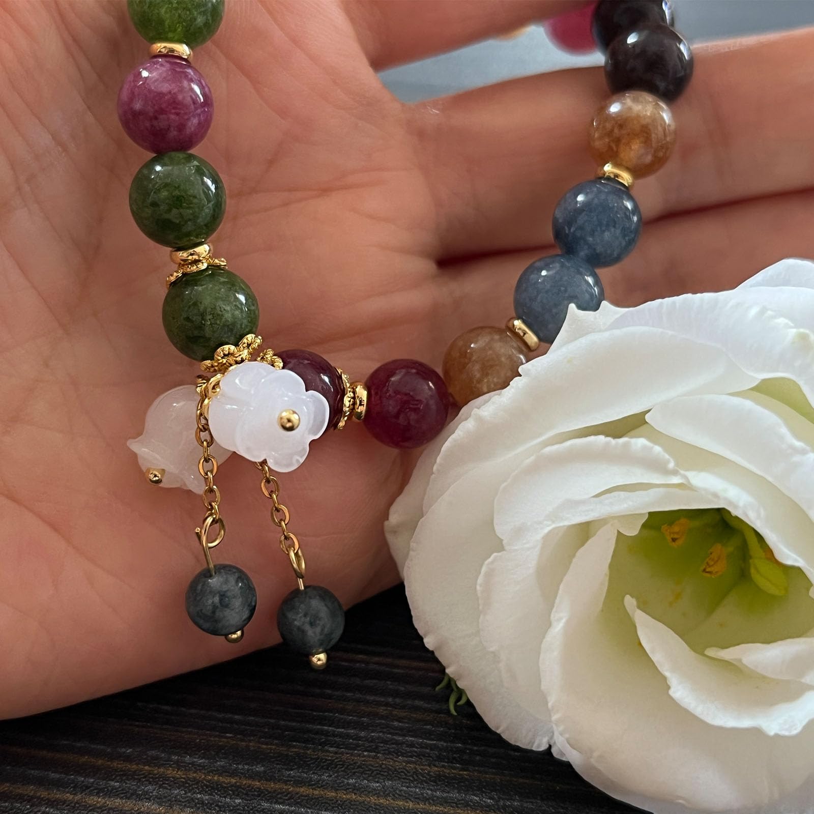 Pendant Charm Bracelet, Hand Carved Lily of the Valley Flower chain Bracelet, Natural Colored Crystal Beaded Flower Charm Bracelet, Good Luck Jade Bead Bracelet for Women