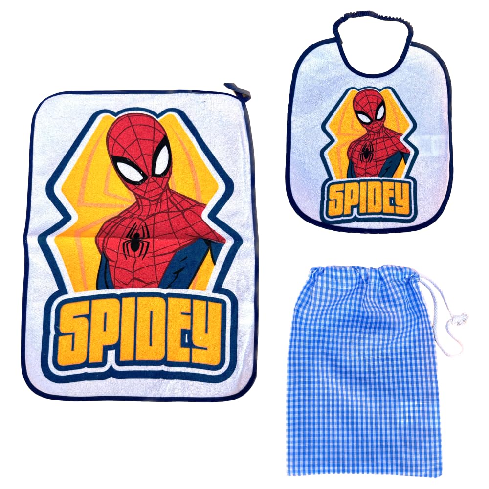 CARTOON 3 Piece Nursery Set - Bib and Placemat with Plastic Backing, Lunch Bag, Complete, Spiderman, One Size