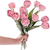 Mooncci 12pcs Pink Tulips Artificial Flowers, 14.96'' Stem Real Touch Realistic Pink Artificial Flowers, Silk Flowers Artificial for Decoration, Wedding Bouquet, Party, Baby Shower, Bridal Bouquet