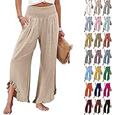 Rikbuig Linen Pants Women Smocked High Waisted Wide Leg Cropped Palazzo Pants with Pockets Cute Ruffle Boho Flowy Beach Pant