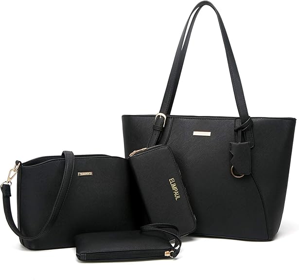 ELIMPAUL Women Fashion Handbags Tote Bag Shoulder Bag Top Handle Satchel Purse Set 4pcs (Black-B)
