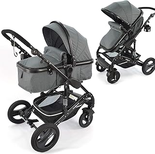 Daliya Bambimo 2in1 Kinderwagen - Kombikinderwagen 9-Teiliges Set incl. Babywanne &amp; Sportsitz/Buggy - 1-Klick-System/Alu-Rahmen/Voll-Gummireifen/Sonnenschutz/Getränkehalter in Dunkel-Grau