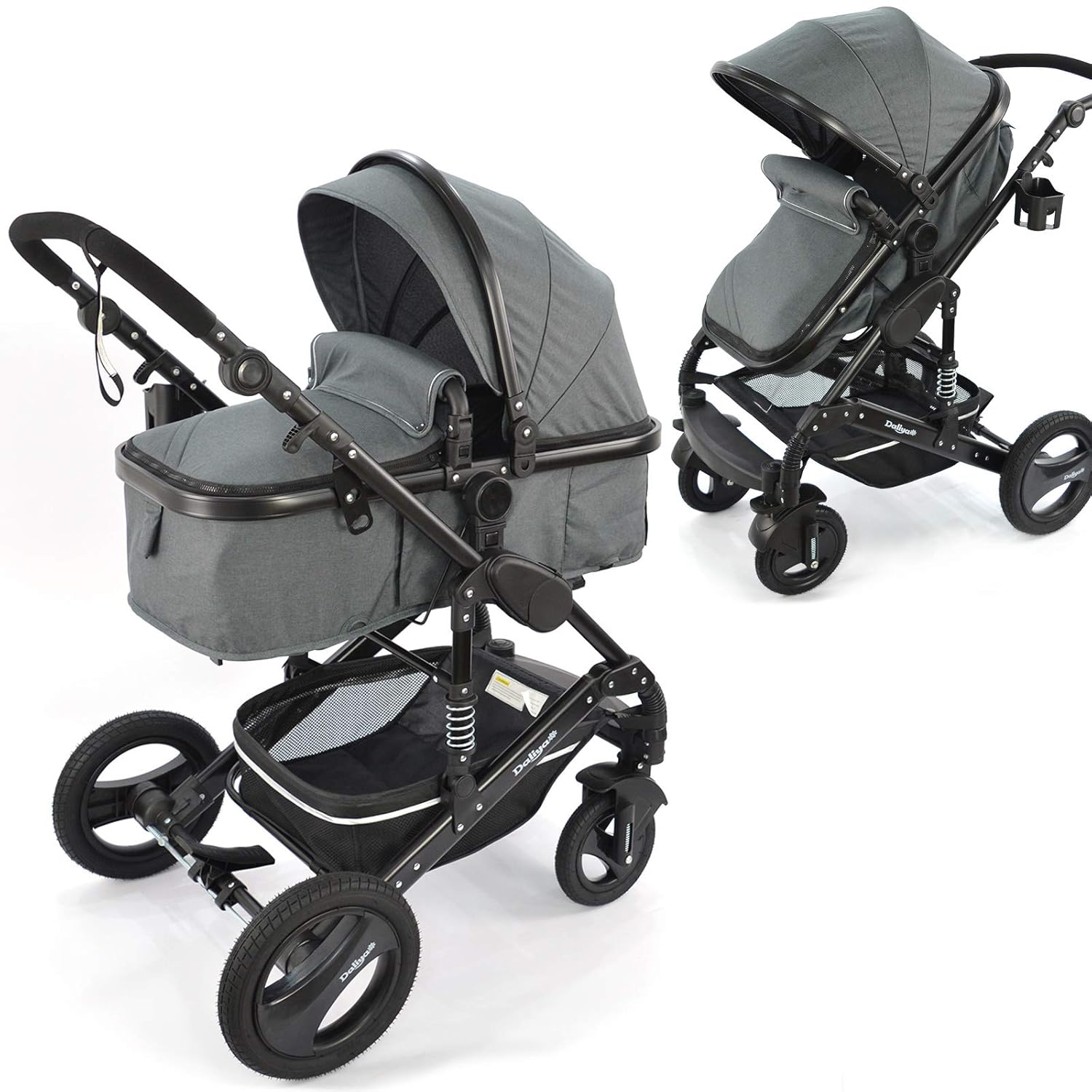 Daliya Bambimo 2in1 Kinderwagen - Kombikinderwagen 9-Teiliges Set incl. Babywanne &amp; Sportsitz/Buggy - 1-Klick-System/Alu-Rahmen/Voll-Gummireifen/Sonnenschutz/Getränkehalter in Dunkel-Grau