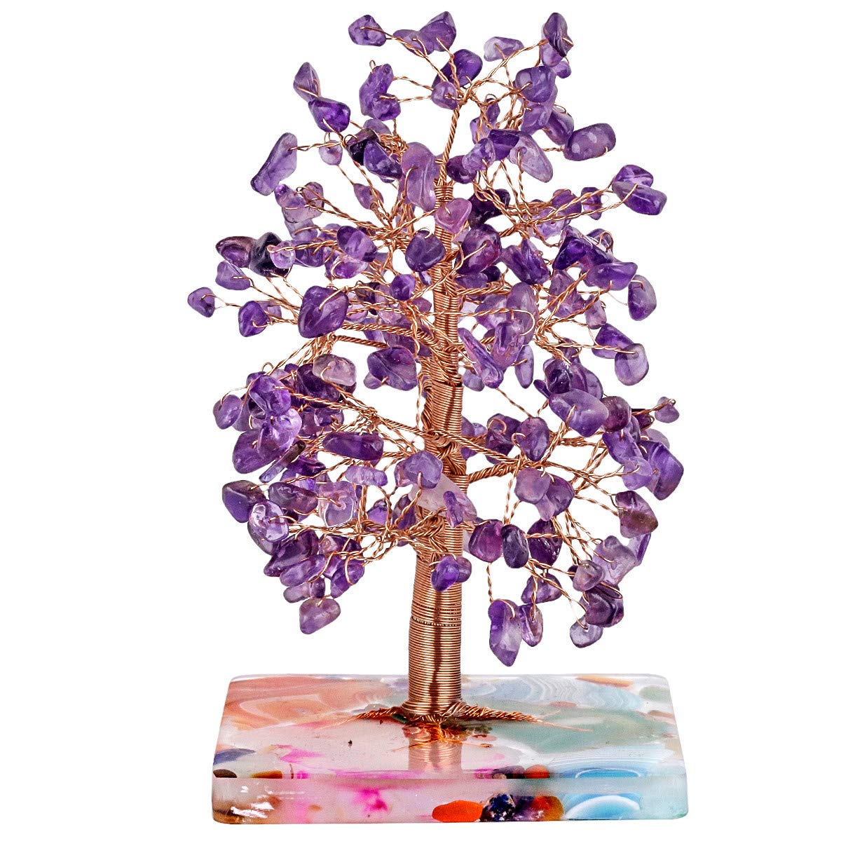 mookaitedecor Natural Purple Amethyst Crystal Tree with Agate Chakra Crystals Base, Colourful Amethyst Tree of Life Good Luck Feng Shui Ornament Gift Reiki Healing Crystal Money Tree Purple Room Decor