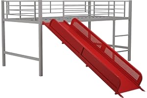 DHP Junior Twin Metal Loft Bed with Slide, Multifunctional Design, Silver with Red Slide