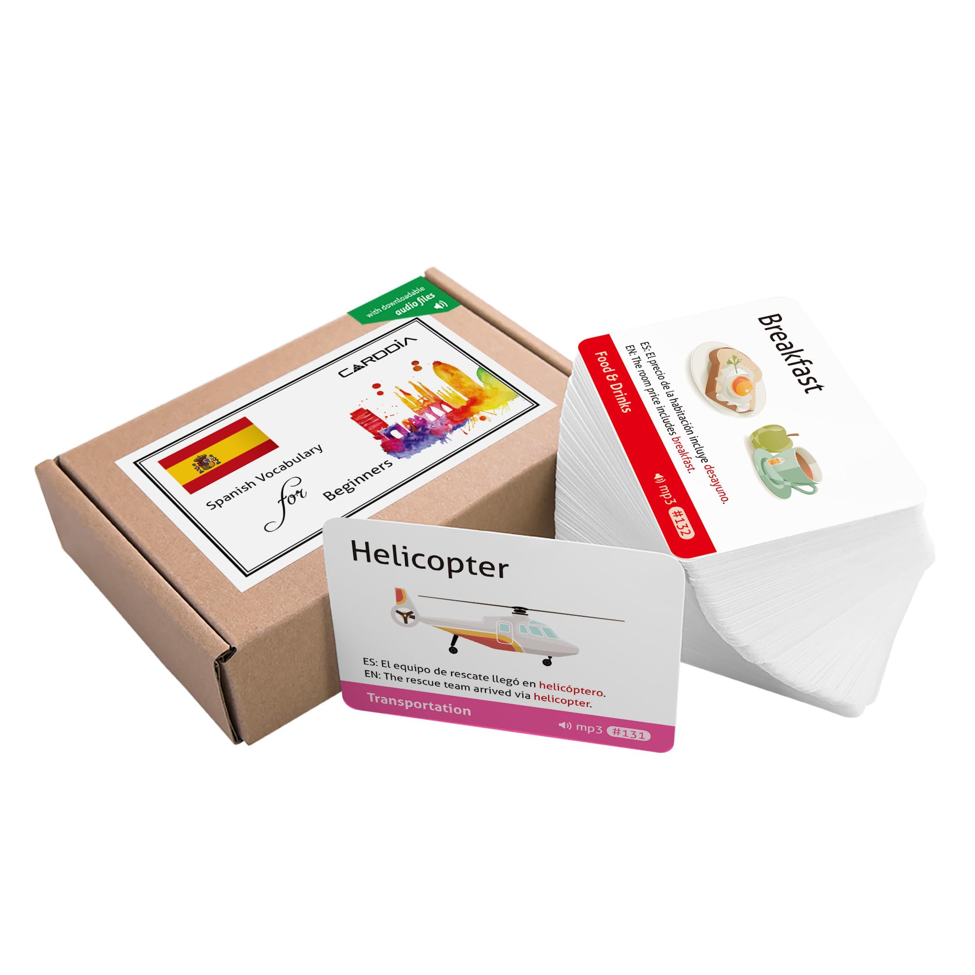 CARDDIA Spanish Vocabulary Flash Cards for Beginners (218 Cards with Vivid Pictures, Example Sentences and Audio MP3)