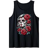 Dia de Muertos Cinco de Mayo Sugar Skull Women Red Roses Tank Top