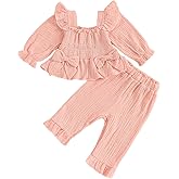 VISGOGO Baby Girl Outfit Crocheted Floral Top Linen 12 18 24M 2T 3T 4T Todder Clothes Tops + Denim Pants Set