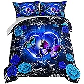 HOSIMA Mystery Butterfly Comforter Kids Bedding Set Full Size,Blue Floral Bedding Full Comforter Set,Boho Bedding Set for Kids Teens Boys Girls Room Decor with 2 Pillowcases.