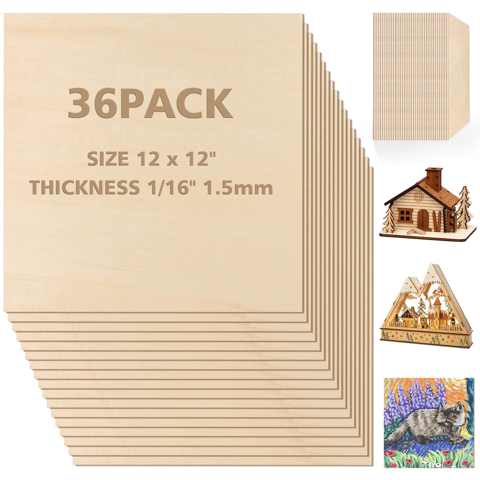 Photo 1 of Adrattnay Basswood Sheets 1/16 x 12 x 12 inch - 1.5mm Basswood Sheets Plywood Sheets, 36Pcs Square Unfinished Wood Board for DIY Crafts, Laser Cutting, Wood Burning, Painting, Model Carving