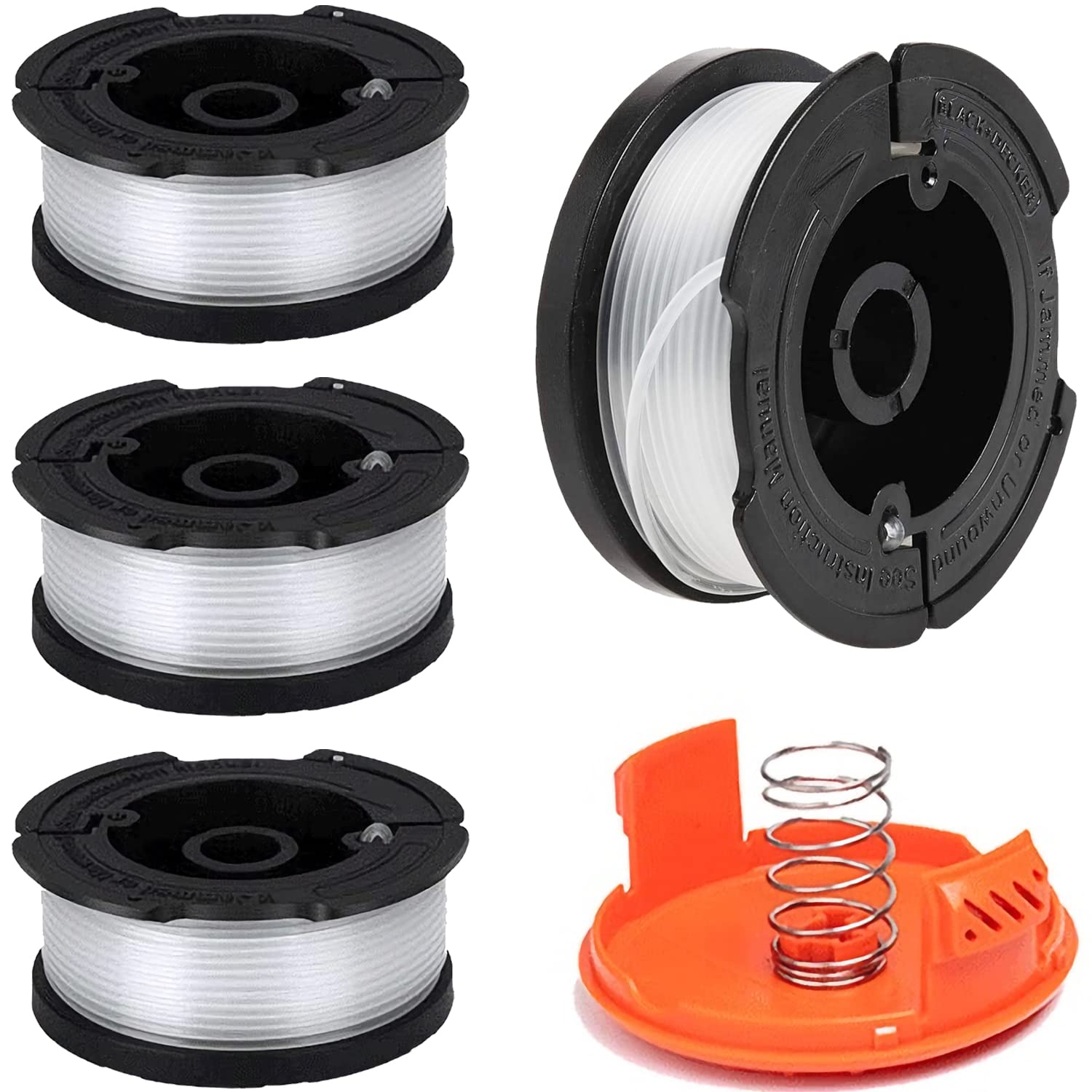 Strimmer Spool Line,4 PCS Φ0.065" 30FT AF-100 A6481 Autofeed Nylon Replacement Spools + RC-100-P Spool Cover + Spring,Strimmer Spools Line for Black+Decker BESTA530 STC1820