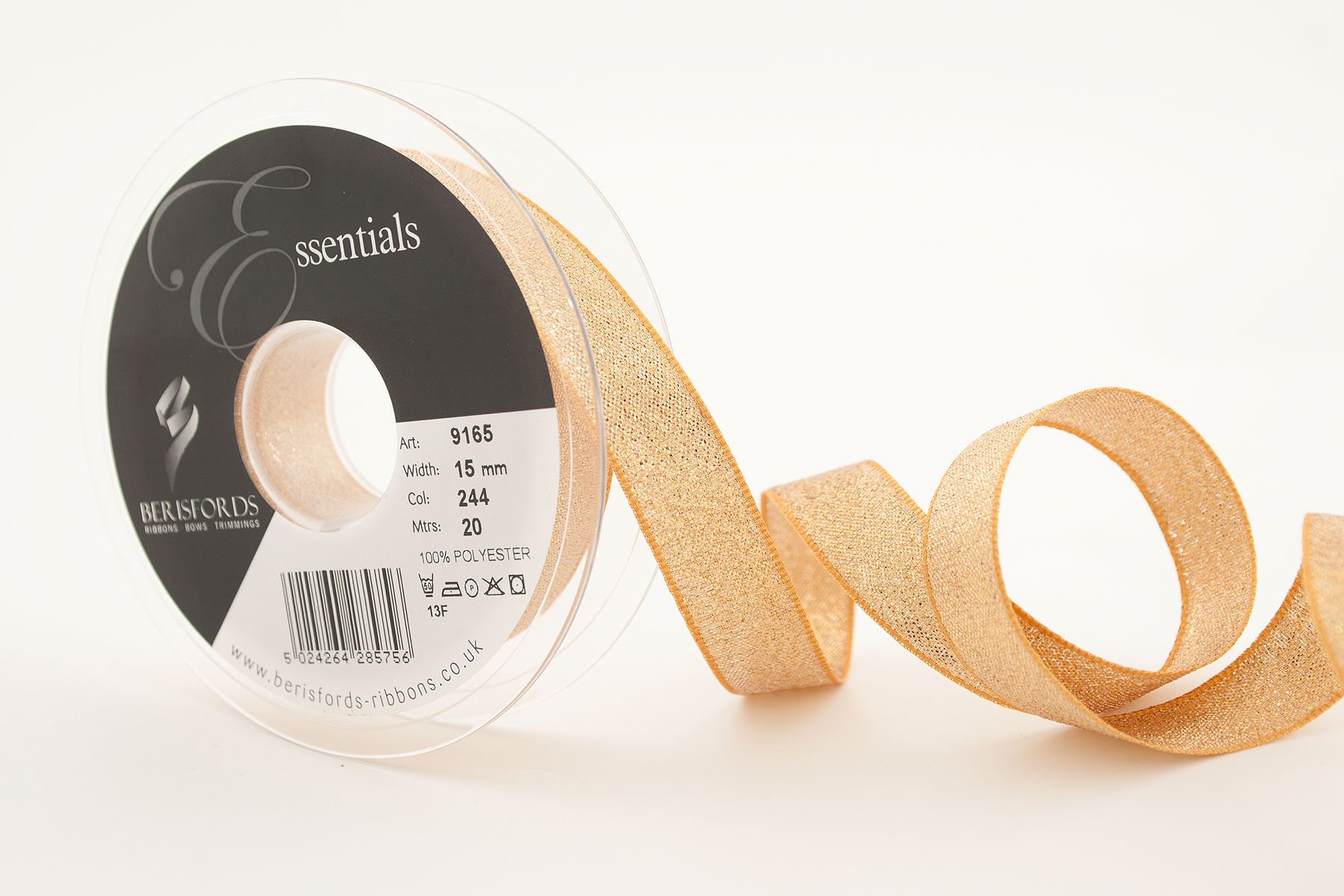 Berisfords 9165 20 m x 15 mm Glitz and Glamour Metallic Lame Ribbon, Dark Gold — image 1