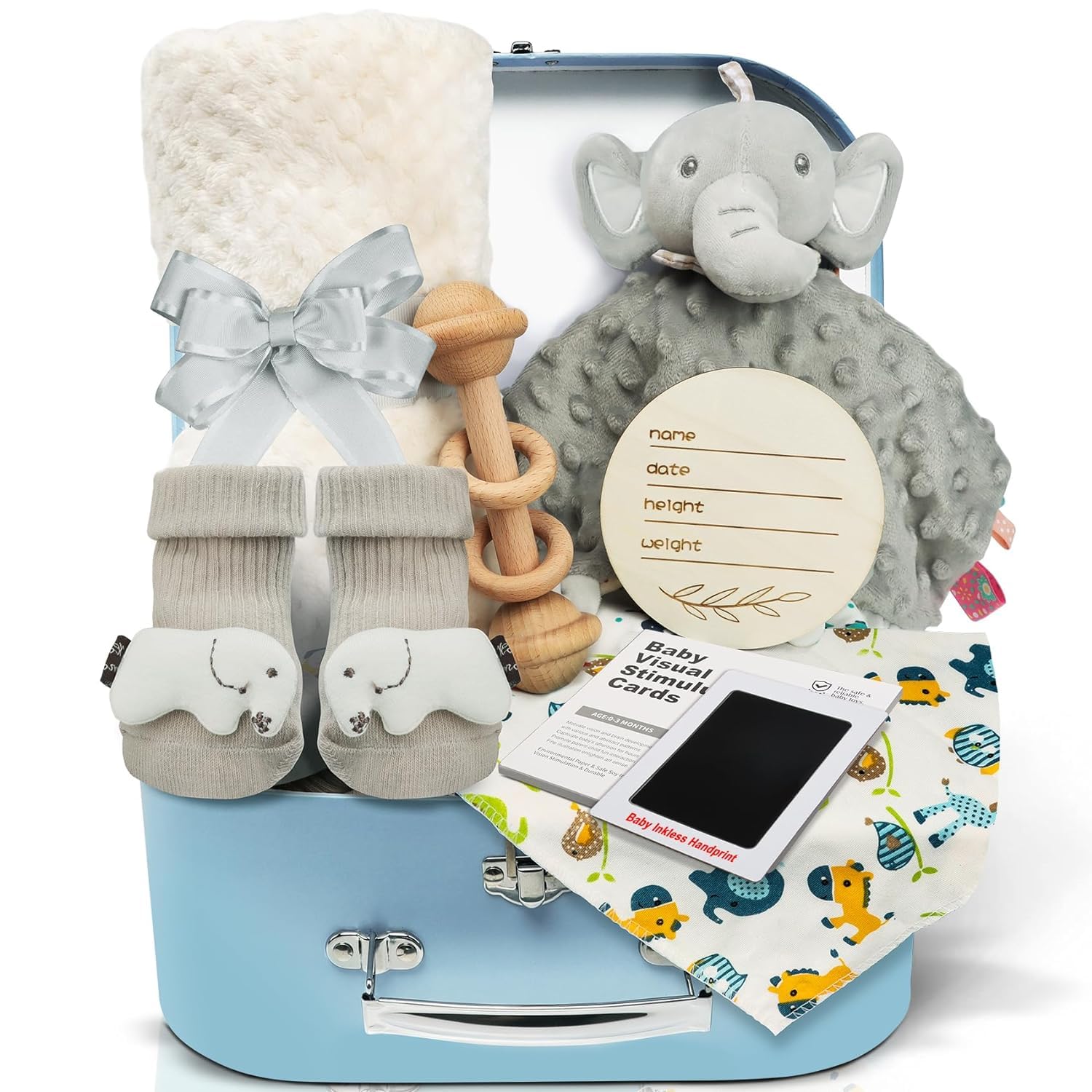 Palotix Newborn Baby Boy Gift Hamper Set: Newborn Essentials with Elephant Comforter Blanket, Wooden Rattle, Bib, Socks & Ink Pad in a Blue Keepsake Box - Baby Shower Gift for New Arrival