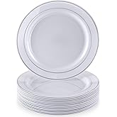 Glare Collection White/Silver Disposable Plastic Dessert Plates - 6" (Pack of 10) - Perfect for Weddings, Birthdays & Special Occasions