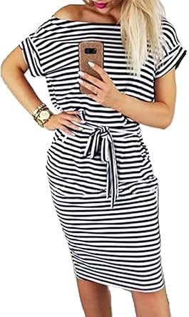navy and white striped midi dress