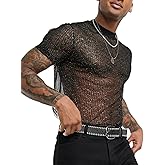 COOLOYA Men's Sheer See Through Mesh Tee Glitter Button Front Short Sleeve T-Shirt Tops