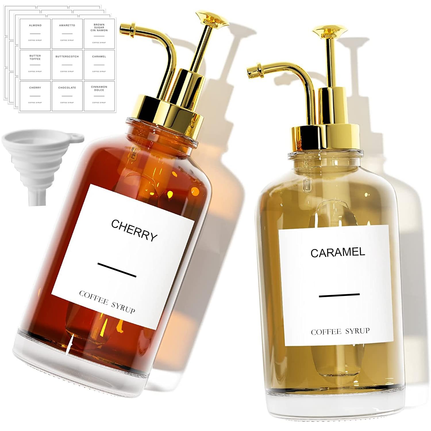 2Pcs Coffee Syrup Dispenser,500ml Syrup Dispenser,Glass Syrup Bottle with Elegant Pumps and 36 Labels and Funnel & Pump,Syrup Pump Dispenser Honey Dispenser,Coffee Syrup Pump,Coffee Bar Accessories