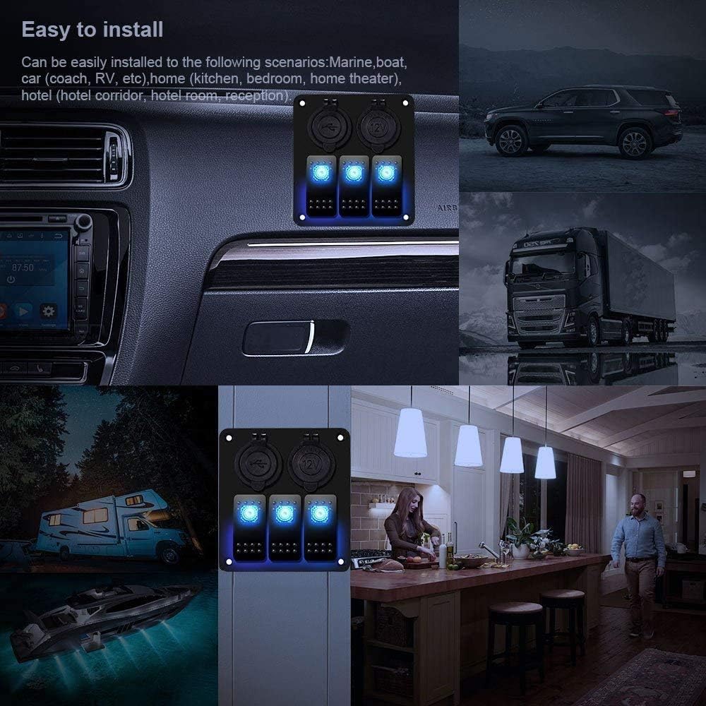 IZTOSS 3 Gang Rocker Switch Panel with Power Socket 3.1A Dual USB Wiring Kits and Decal Sticker Labels DC12V/24V for Marine Boat Car Rv Vehicles Truck Blue Led: Industrial & Scientific