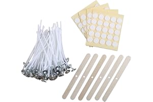 MILIVIXAY 3.5" Candle Wick Bundle: 100PCS Candle Wicks, 100PCS Candle Wick Stickers and 6PCS Wooden Candle Wick Holders - Wicks Coated with Paraffin Wax, Cotton Wicks Kits for Candle Making.