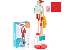 WHOHOLL Kids Cleaning Set, 9Pcs Wooden Toddler Cleaning Set for Pretend Play, Kids Broom Set for Toddlers 3 4 5 6, Realistic 