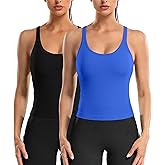 ATTRACO 2 Pack Ribbed Workout Tank Top with Built in Bra Women Seamless Cropped Racerback Yoga Tops Tight Fit