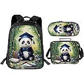 Lovira Cute Panda Backpack Bamboo 17 Inches Bookbag 3PCS Set with Lunch Box Pencil Case Daypack for Kids Girls Boys
