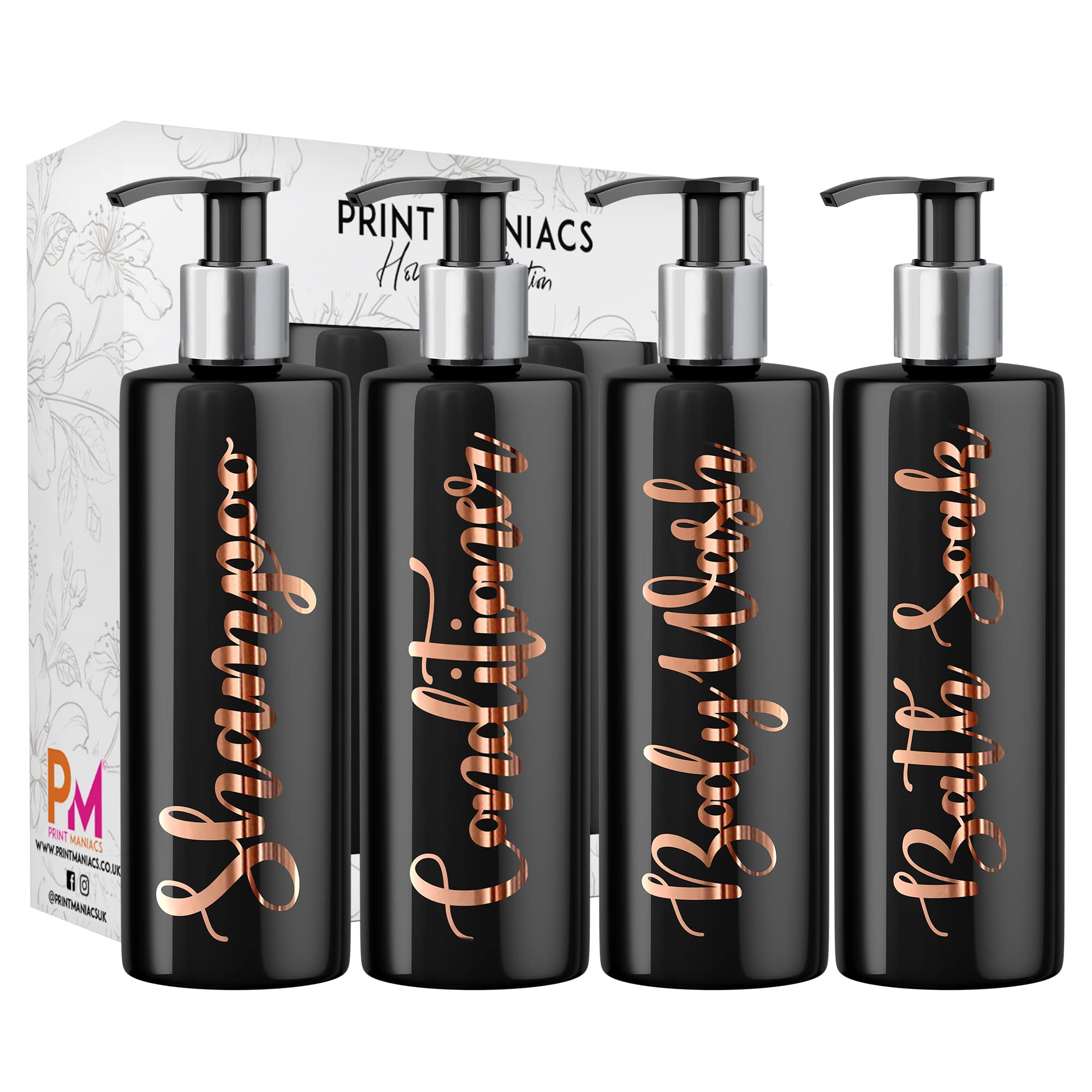 Print Maniacs Mrs Hinch Inspired Black Personalised Pump Bottles Bathroom Kitchen Set Shampoo Conditioner (Copper)
