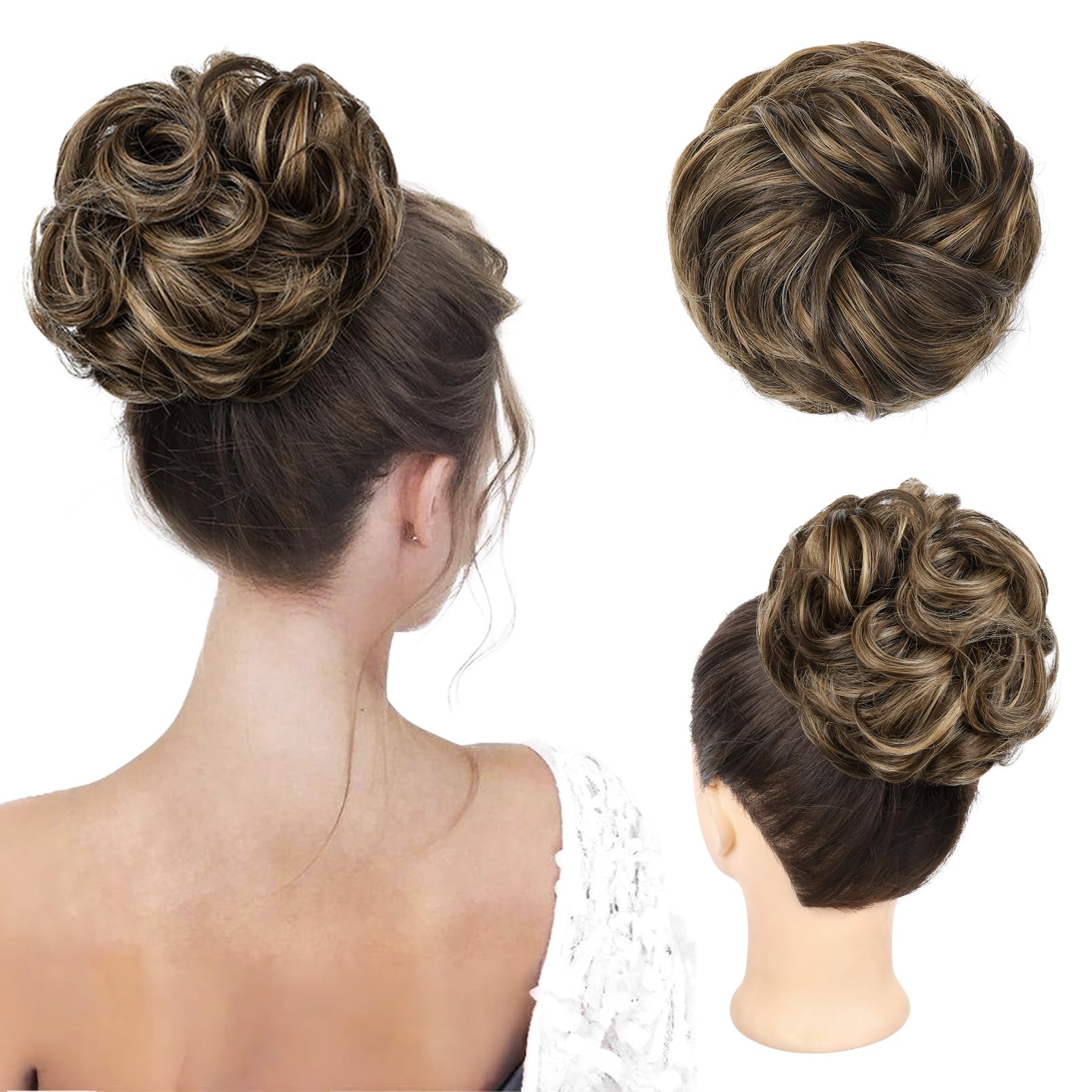 REECHO Messy Bun Hair Piece, Thick Tousled Updo Elastic Hair Bun Hair Piece for Women Synthetic Ponytail Extensions Messy Hair Bun - Chocolate Brown with Blonde Highlights