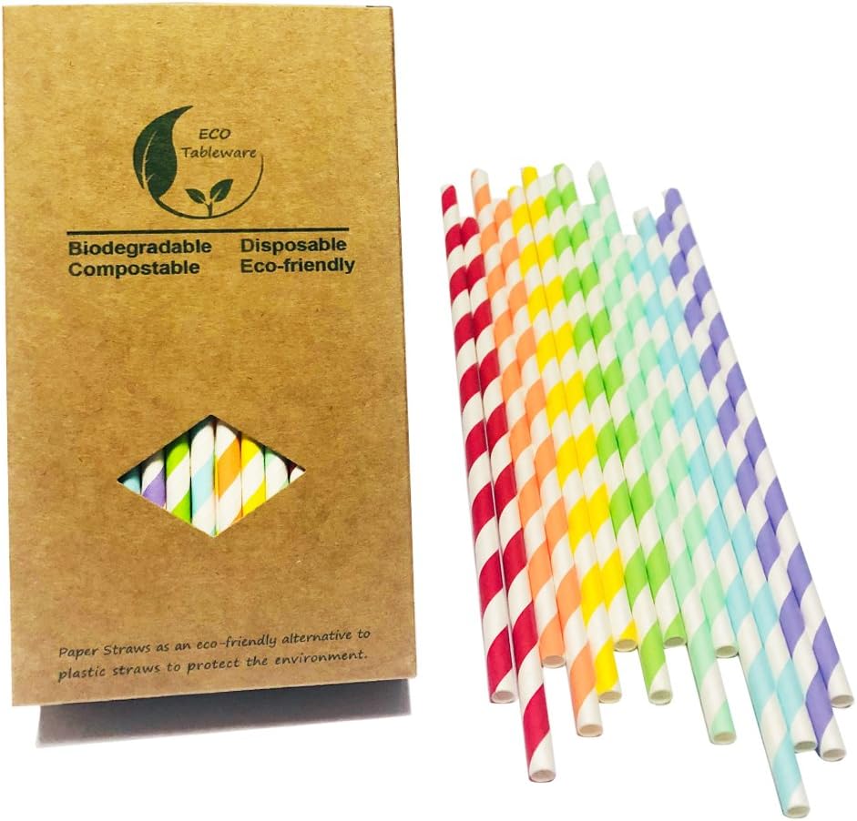 Multicoloured Striped Paper Drinking Straws,100-Pack Biodegradable Disposable 7 Colors Rainbow Stripes Straw for Christmas Birthday Party Decoration - Image 3