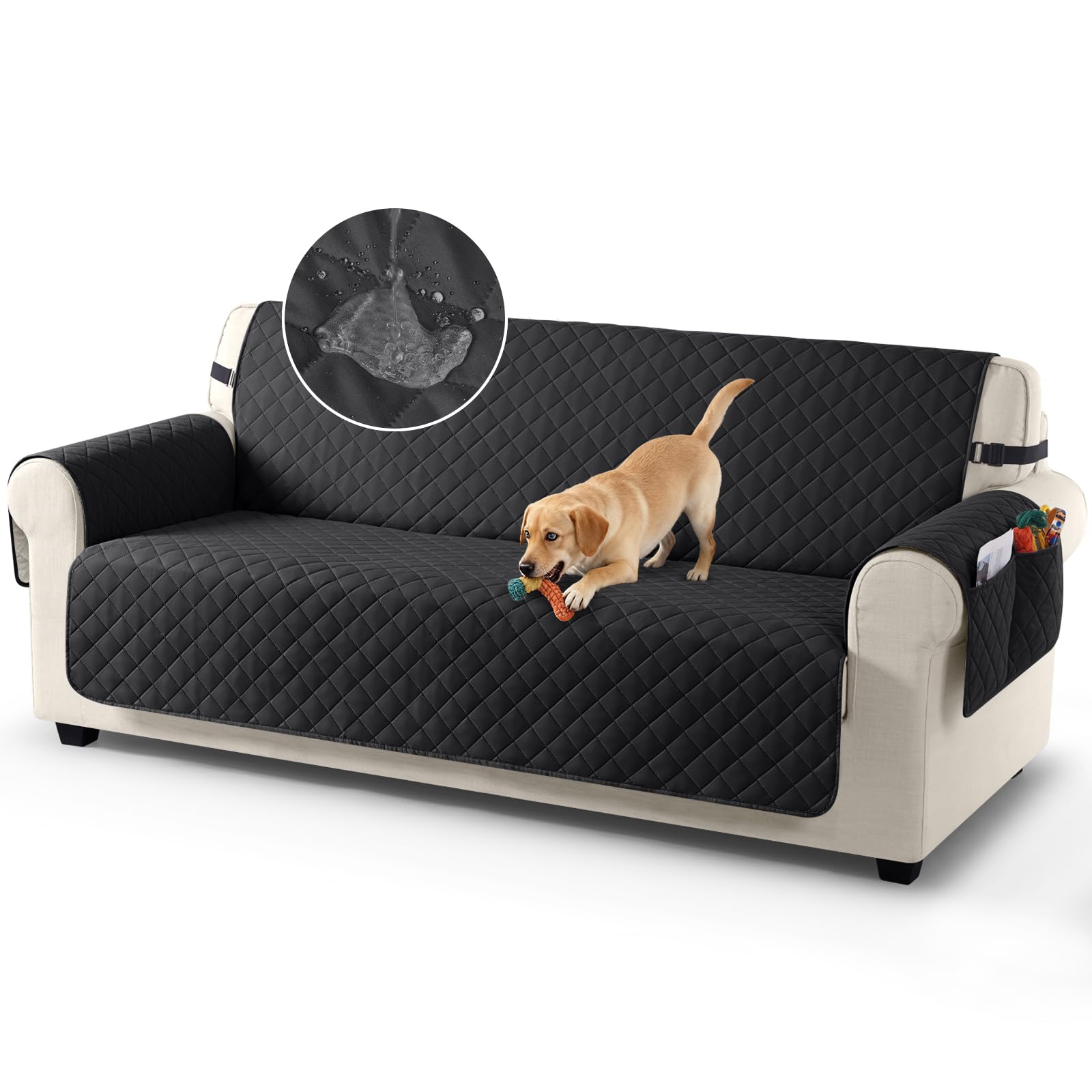 TAOCOCO Sofa Slipcovers 100% Waterproof Sofa Covers 3 Seater,Settee Covers with Storage Pockets,Anti Slip Couch Covers,Washable Sofa Protector for Kids/Dogs/Pets(Black)