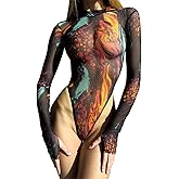 JUMISEE Women’s Long Sleeve Tie Dye Sheer Mesh Bodysuit Sexy Mock Neck Teddy Lingerie Thong Leotard Tops Rave Outfit