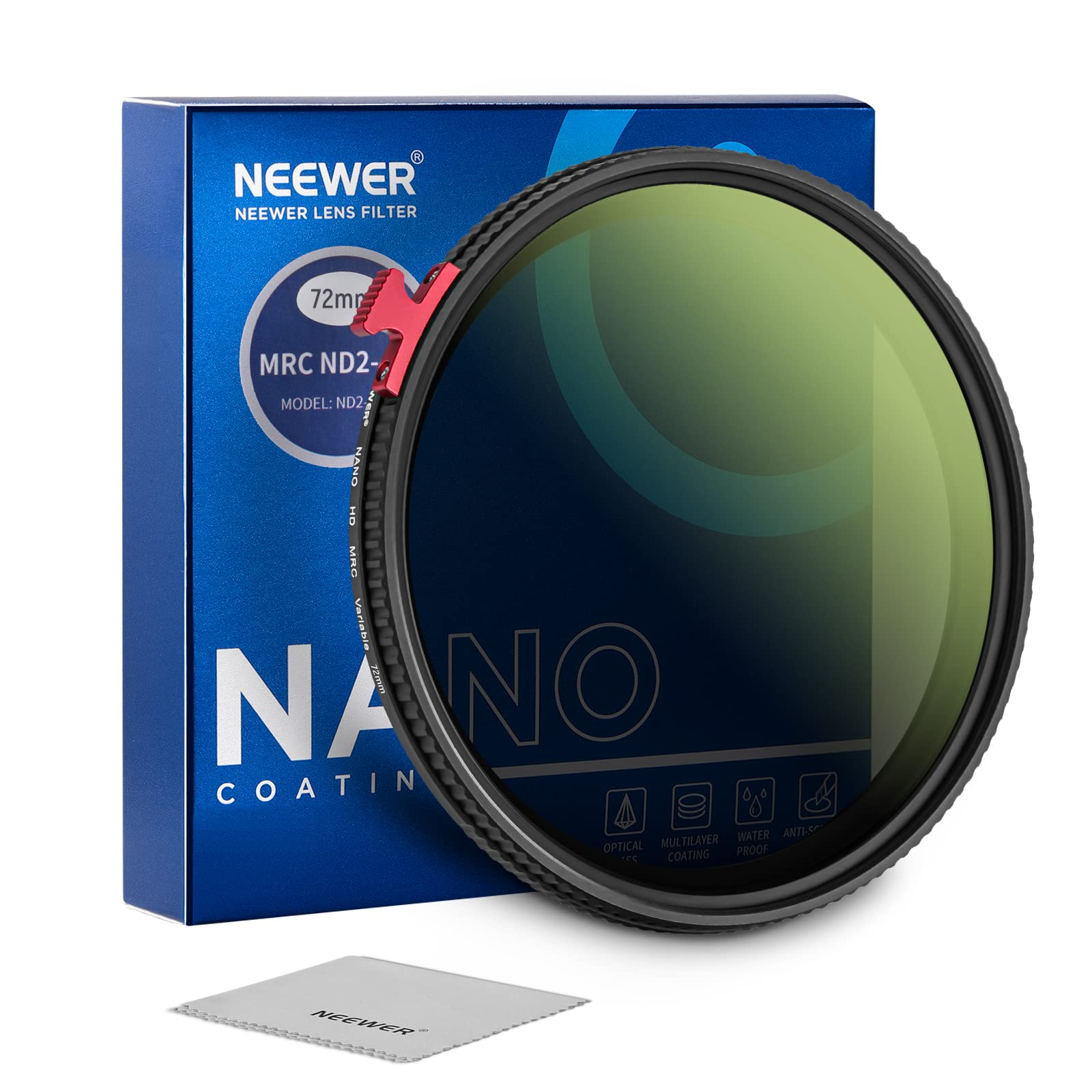 NEEWER 72mm Variable ND Filter ND2-ND400 with Putter, Adjustable Neutral Density Camera Lens Filter(0.3-2.7, 1-9 Stops), 30 Layer Nano Coated/HD Optical Glass/Water Repellent/Anti Scratch/Ultra Slim