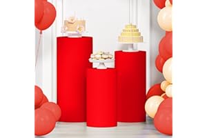 LEBENGURU 3Pcs Cylinder Pedestal Stand Covers Red, Round Spandex Display Pedestal Covers, Elastic Cloth Plinth Pillar Cover for Parties Wedding Birthday Event Decor Props (Only Covers)