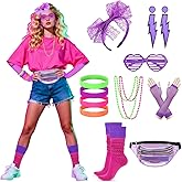 Xintorch 80s Accessories for Women 80s Neon Socks Holographic Fanny Pack Lace Headband Earrings Fishnet Gloves for 80's Party
