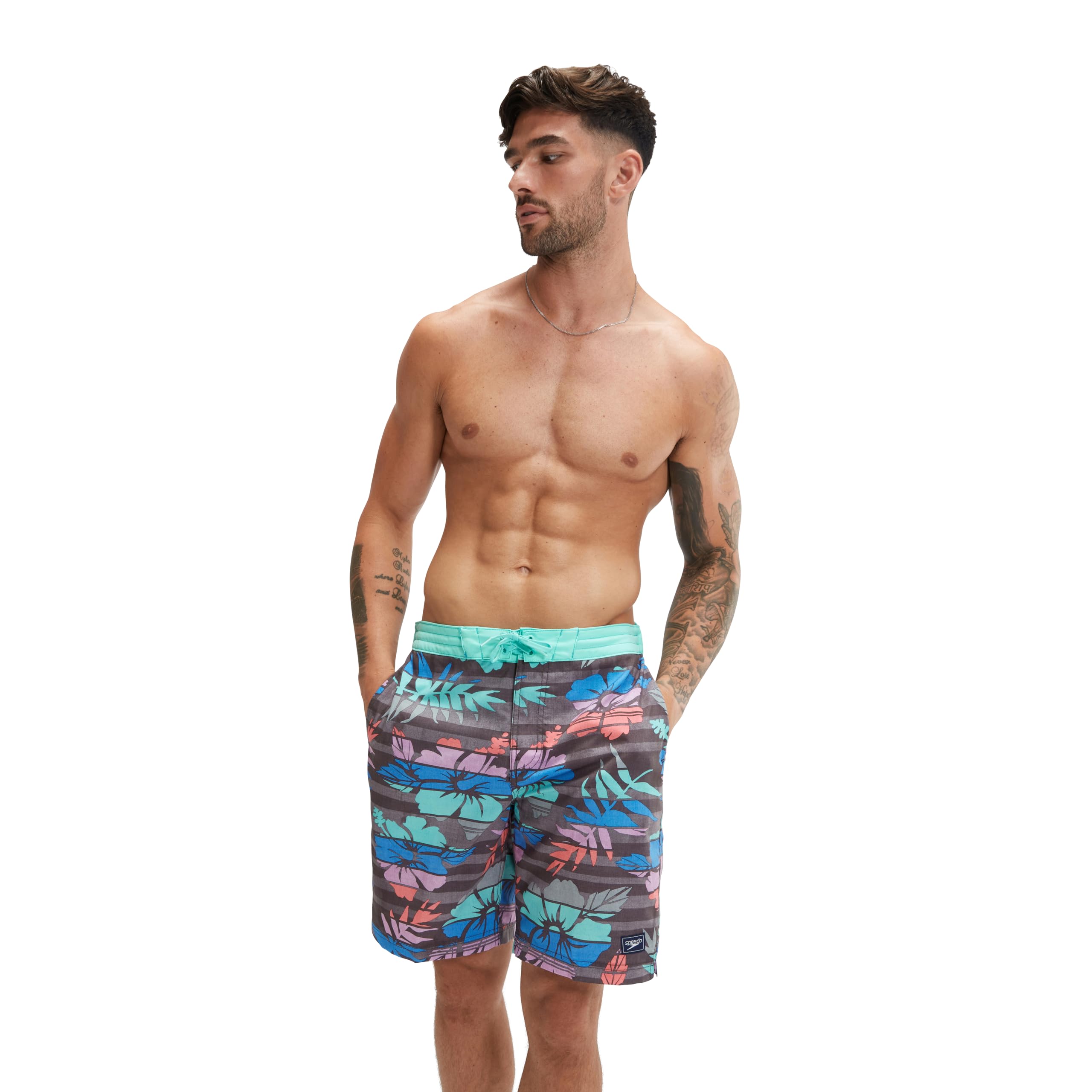 Speedo Men's Swim Trunk Knee Length Boardshort Bondi Striped Image Speedo Men's Swim Trunk Knee Length Boardshort Bondi Striped Image