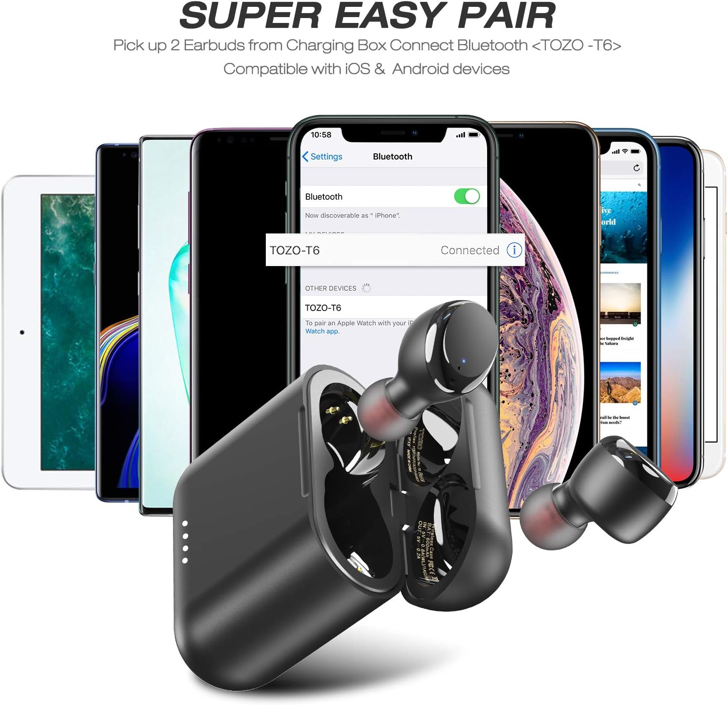 TOZO T6 True Wireless Earbuds Bluetooth Headphones Touch Control with Wireless Charging Case IPX8 Waterproof TWS Stereo Earphones in-Ear Built-in Mic Headset Premium Deep Bass for Sport Black: Electronics